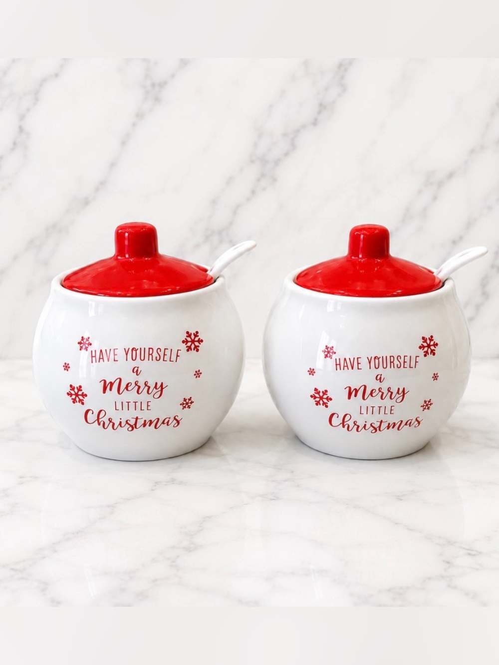 Holiday Ceramic Cream and Sugar Jars with Spoon - Red and White -NEW